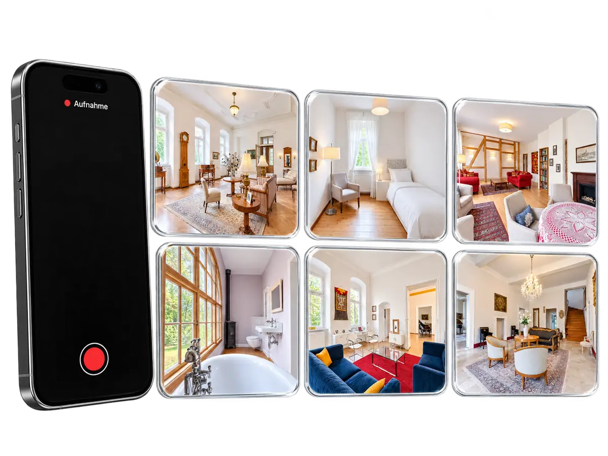 iPhone avec témoin d'enregistrement et six photos immobilières d'Allemagne