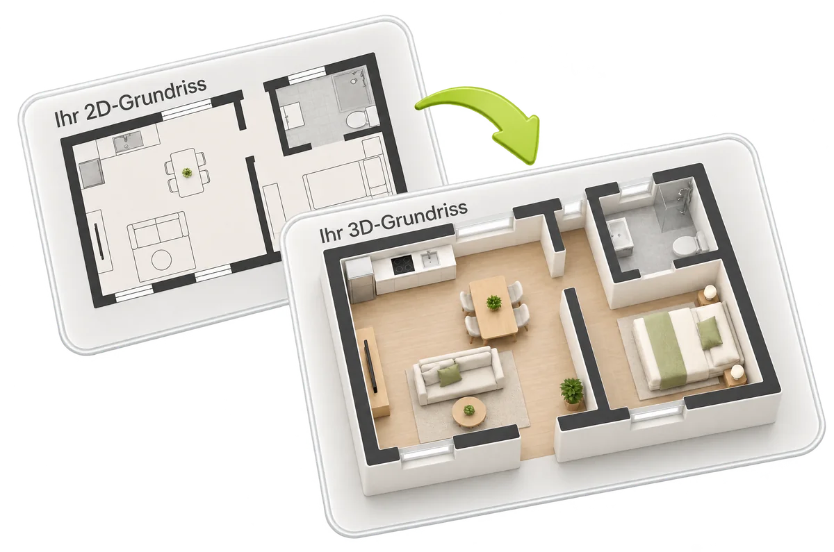 Un plan 3D meublé au-dessus du plan 2D correspondant.