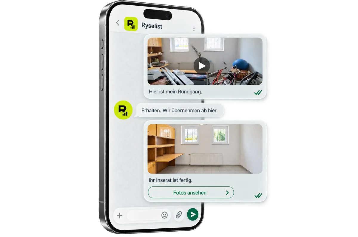 Conversation WhatsApp avec Ryselist : envoyer une visite filmée et recevoir les photos retouchées.
