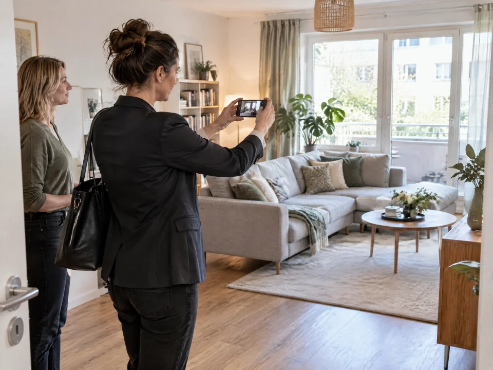 Illustration : une agente filme un appartement occupé avec l'accord de la locataire.