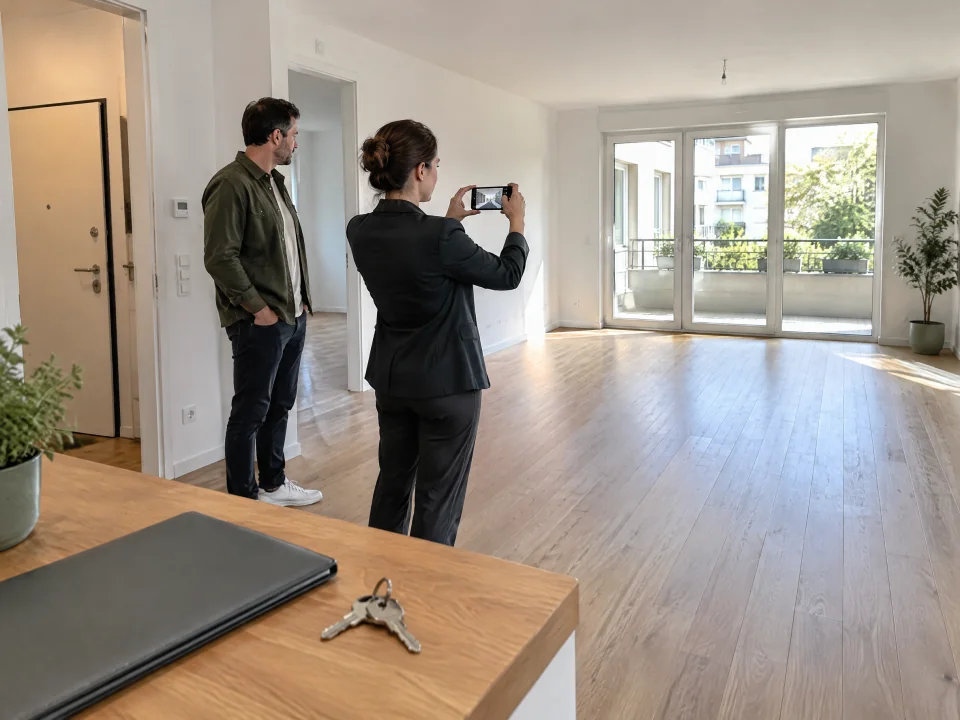 Illustration : visite au téléphone lors de la remise d'un logement, clés au premier plan.