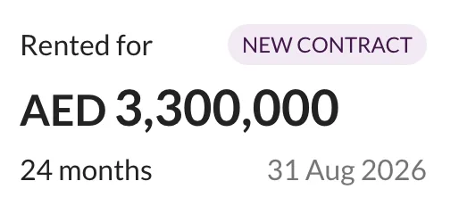 Loué pour 3 300 000 AED. Nouveau contrat, 24 mois, 31 août 2026.